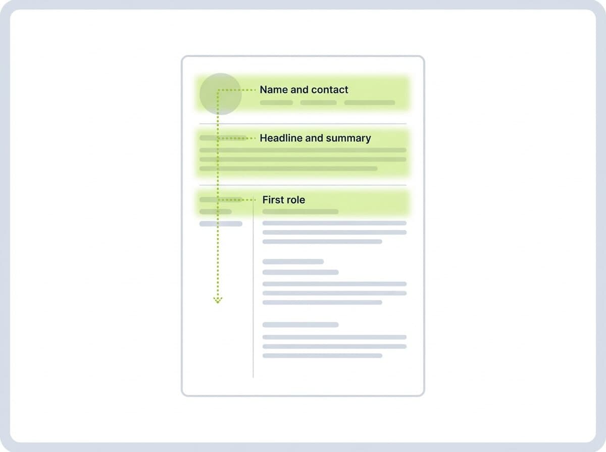 Diagram of a resume page with the top third highlighted in green, showing the F-shaped path a recruiter's eyes follow in the first seconds.