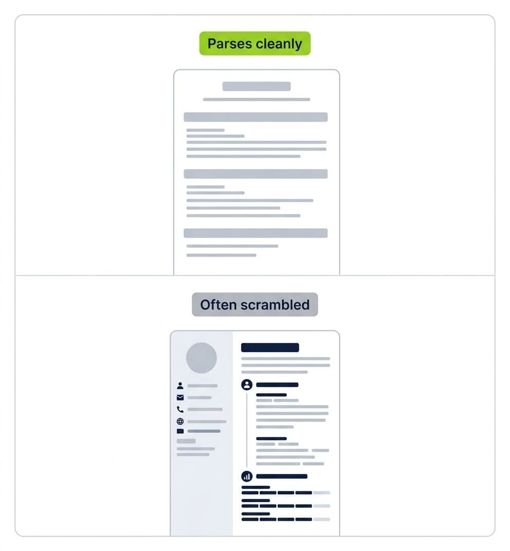 Stacked comparison showing a clean single-column resume that parses correctly above a two-column resume with icons whose text gets scrambled by software.