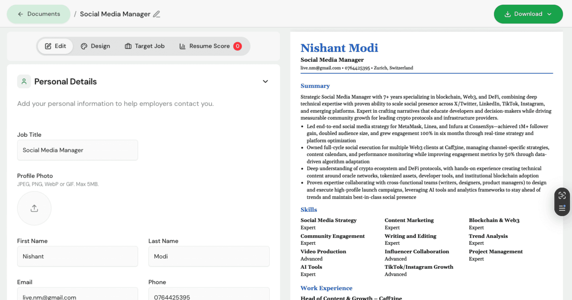 Screenshot of the Careerkit AI resume builder interface showing ATS-optimized template with AI-generated bullet points for work experience.