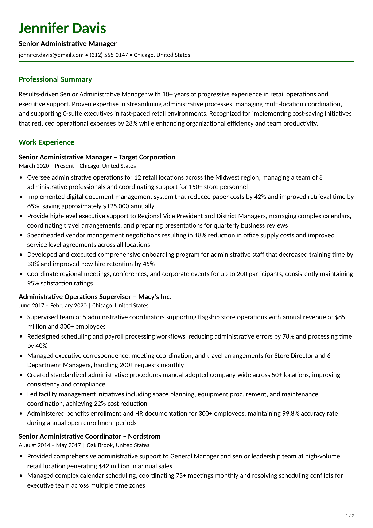 Administrative assistant resume example showing organized work experience with measurable achievements