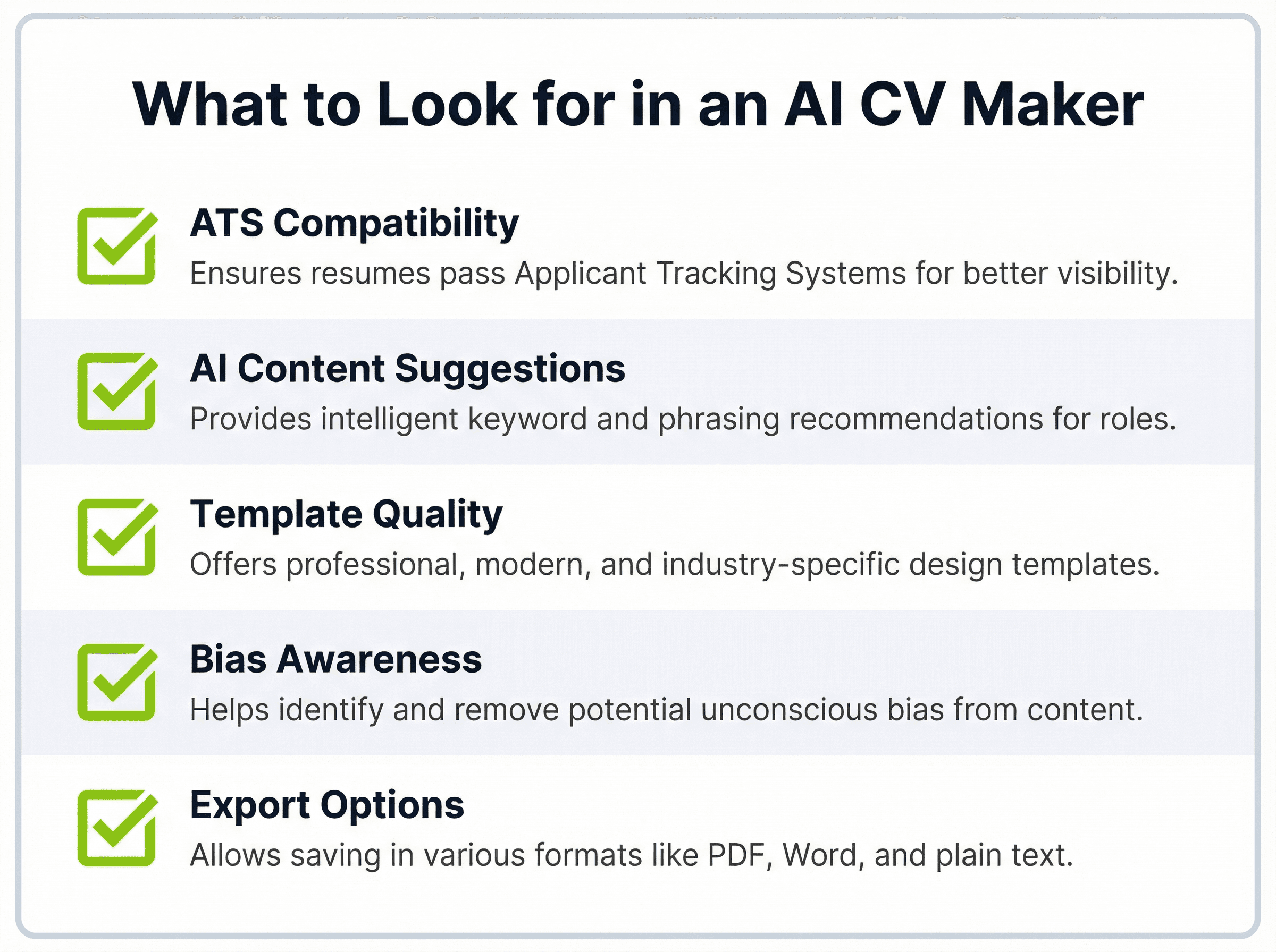 AI CV maker feature checklist for ATS compatibility and resume optimization evaluation