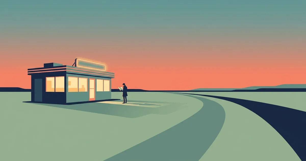 Illustration eines beleuchteten Diners an einer Landstrasse in der Abenddaemmerung mit einer Person, die ein Dokument liest