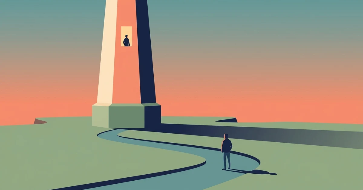 Flat vector illustration of a lighthouse on a low coastal cliff at dusk, one window near the top glowing warm yellow with a small figure inside, and another figure partway up the winding path