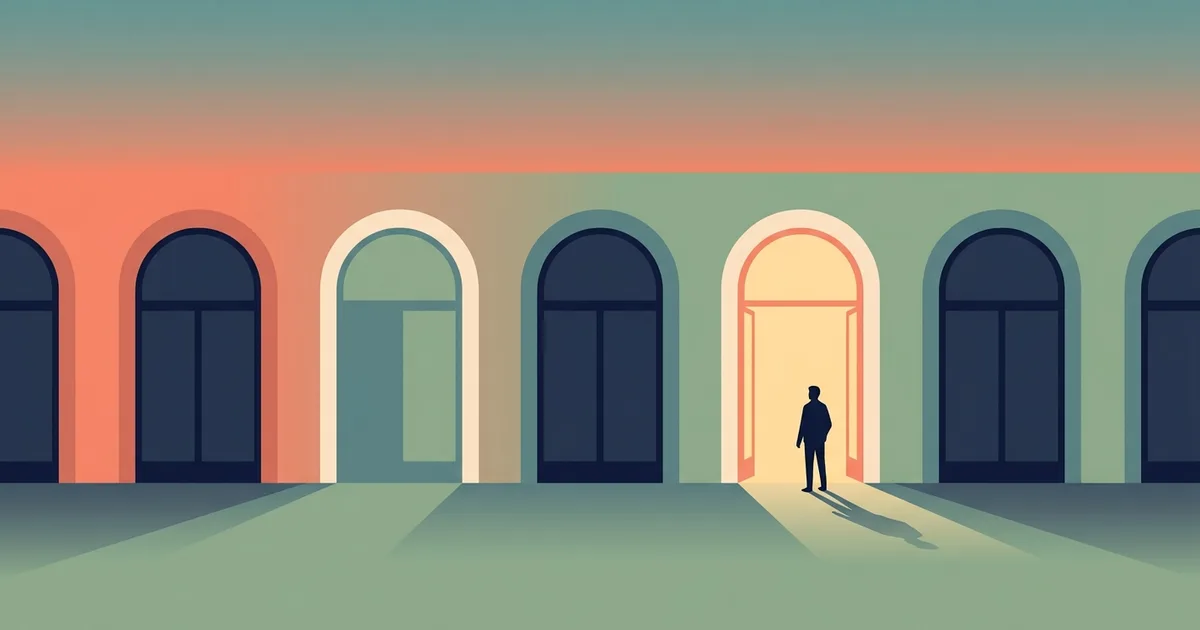A small figure stands at the threshold of one warmly lit doorway among several dim ones on a railway platform at dusk.