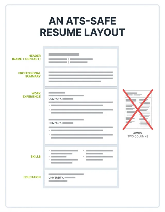 A single-column ATS-safe resume layout with labeled sections for header, work experience, skills and education