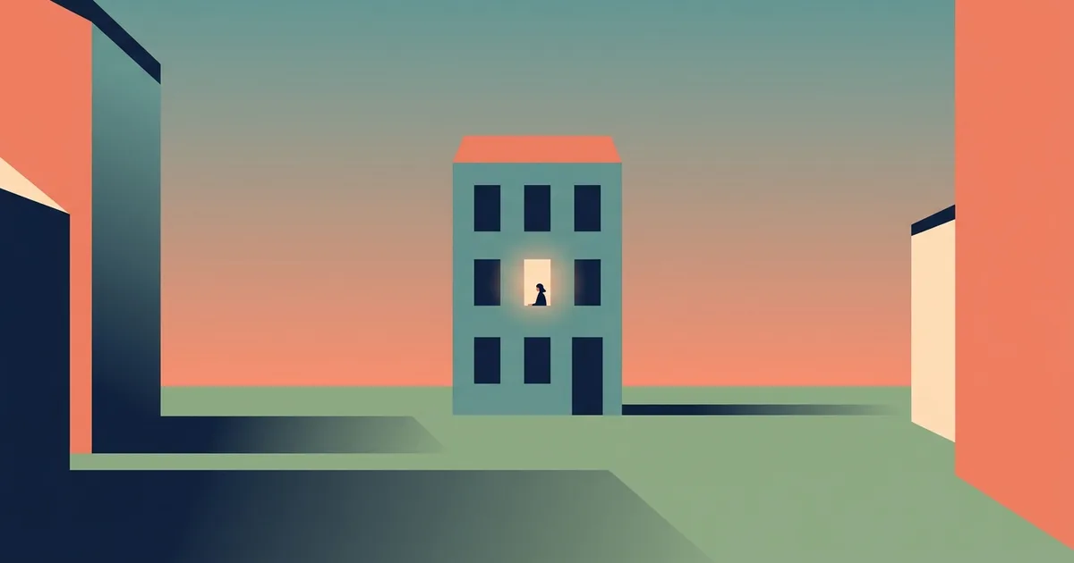 A warmly lit window glowing in a quiet European village square at dusk, one small figure inside, in a flat editorial illustration