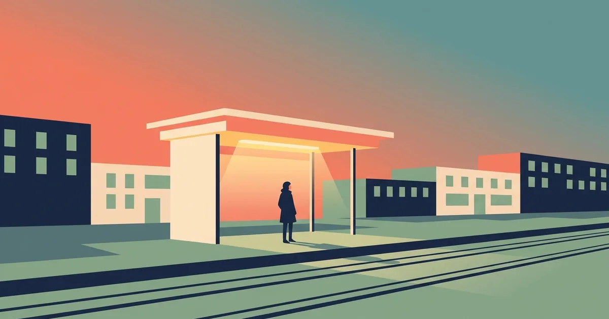 Illustration einer Tramhaltestelle in der Abenddaemmerung mit beleuchtetem Unterstand und einer wartenden Person
