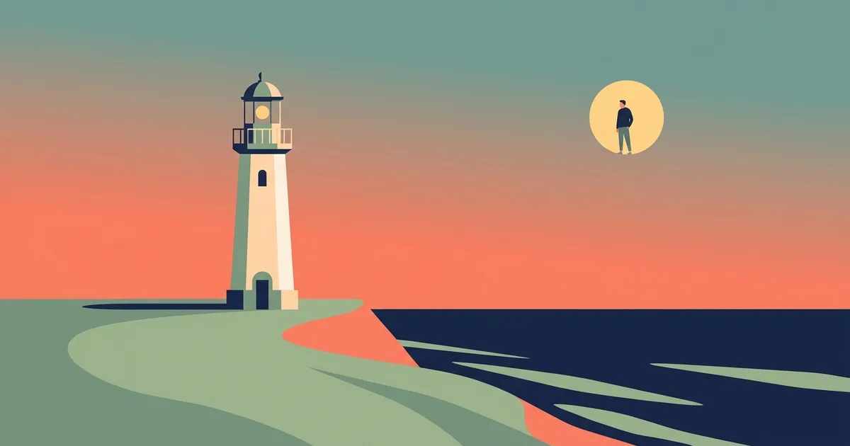 Flat vector illustration of a lighthouse on a sage-green cliff at dusk with one warmly lit window and a small figure looking out to sea, in warm coral, dusty teal and deep navy.