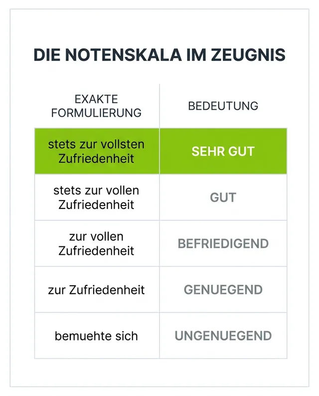 Tabelle der Zeugnissprache: welche Formulierung welcher Note von sehr gut bis ungenügend entspricht