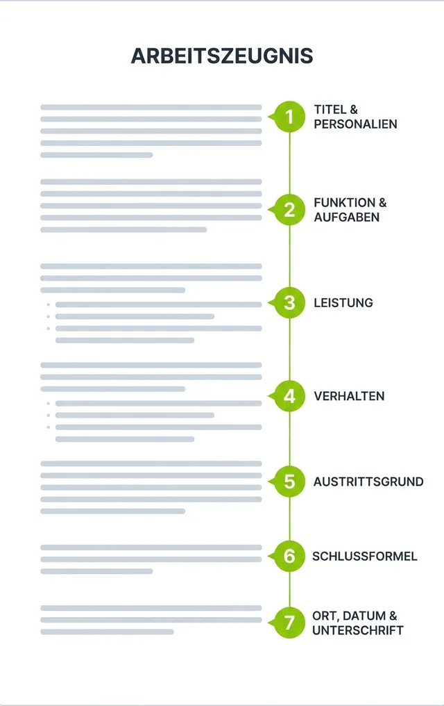 Schema der sieben Pflichtteile eines qualifizierten Schweizer Arbeitszeugnisses