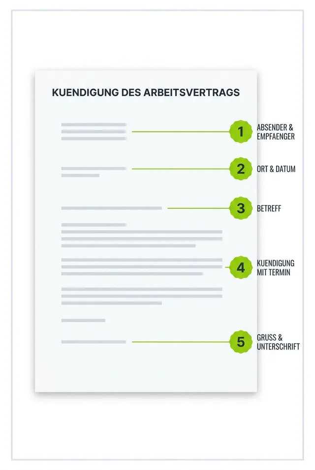 Schema der fünf Bestandteile eines Kündigungsschreibens auf einem Musterbrief