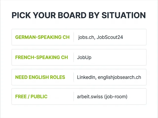 A decision guide matching Swiss job-search situations to boards: German-speaking to jobs.ch and JobScout24, French-speaking to JobUp, English roles to LinkedIn and englishjobsearch.ch, free public to arbeit.swiss.