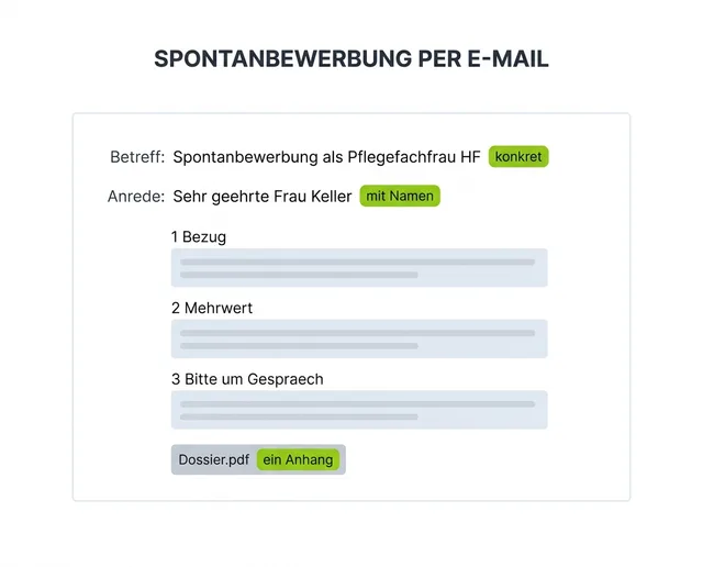 Mockup of an unsolicited application email showing a concrete subject line, a named salutation, three short paragraphs for connection, added value and a request, and one PDF attachment.