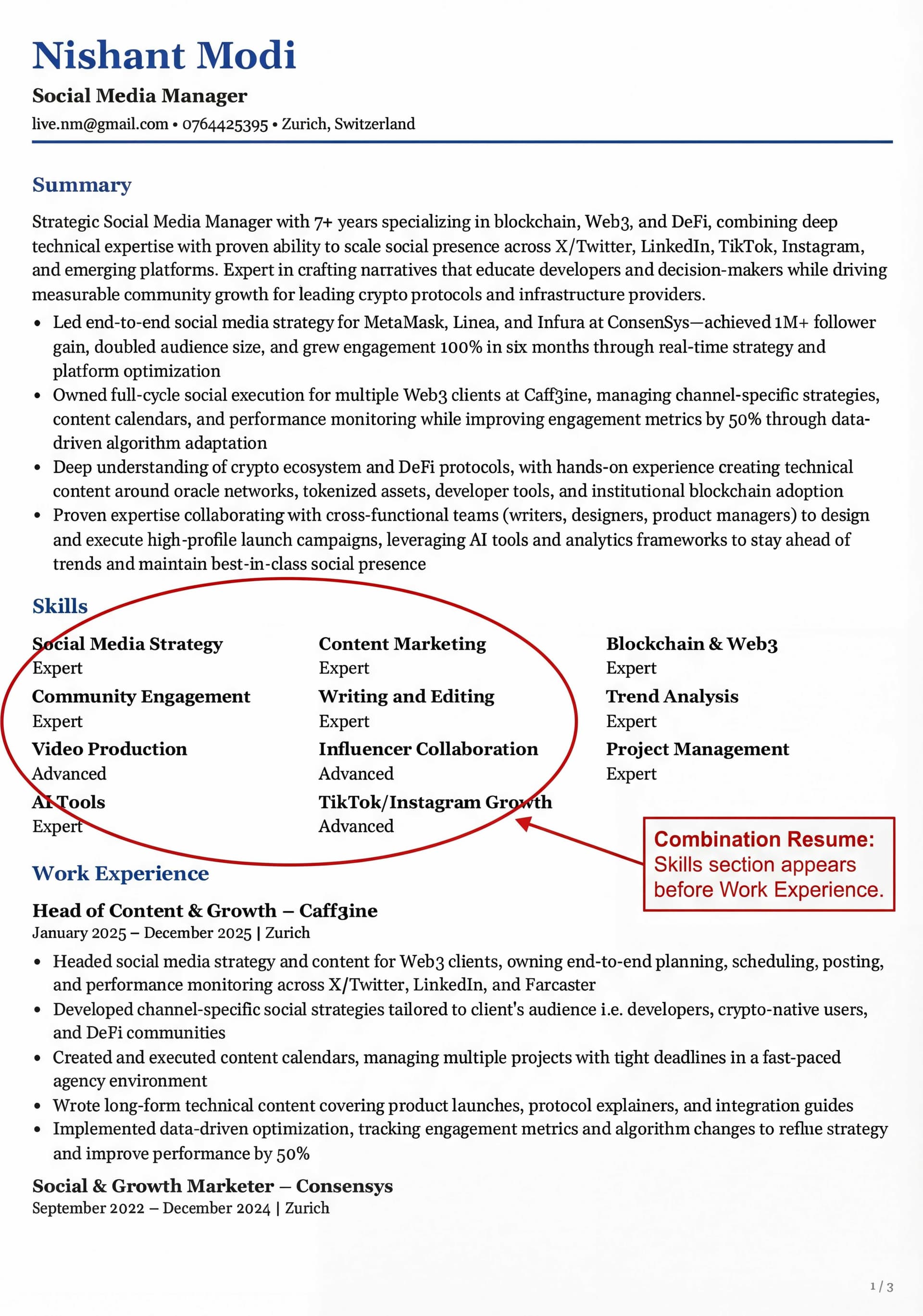 Example of a combination hybrid resume format showing a skills section at the top followed by reverse chronological work history