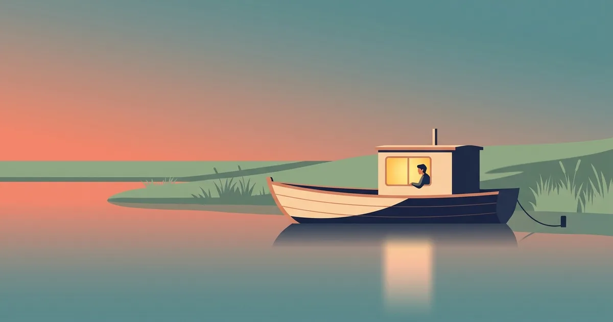 Flat vector illustration of a small wooden riverboat moored at a quiet bank at dusk, one cabin window glowing warm yellow with a single silhouetted figure seated inside, reflected in the still water.