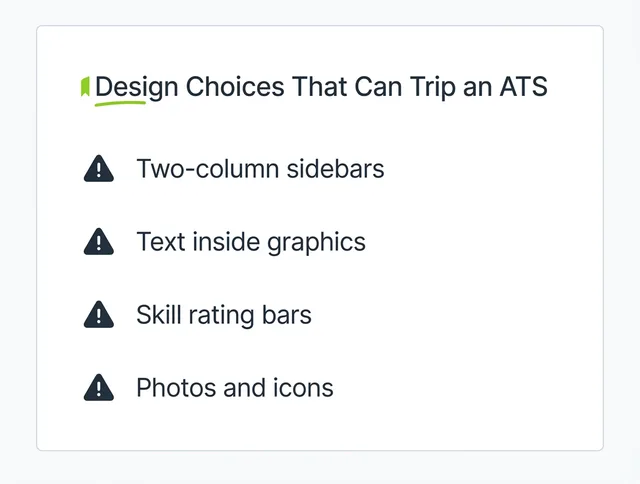 Checklist of design choices that can trip an ATS: two-column sidebars, text inside graphics, skill rating bars, photos and icons.