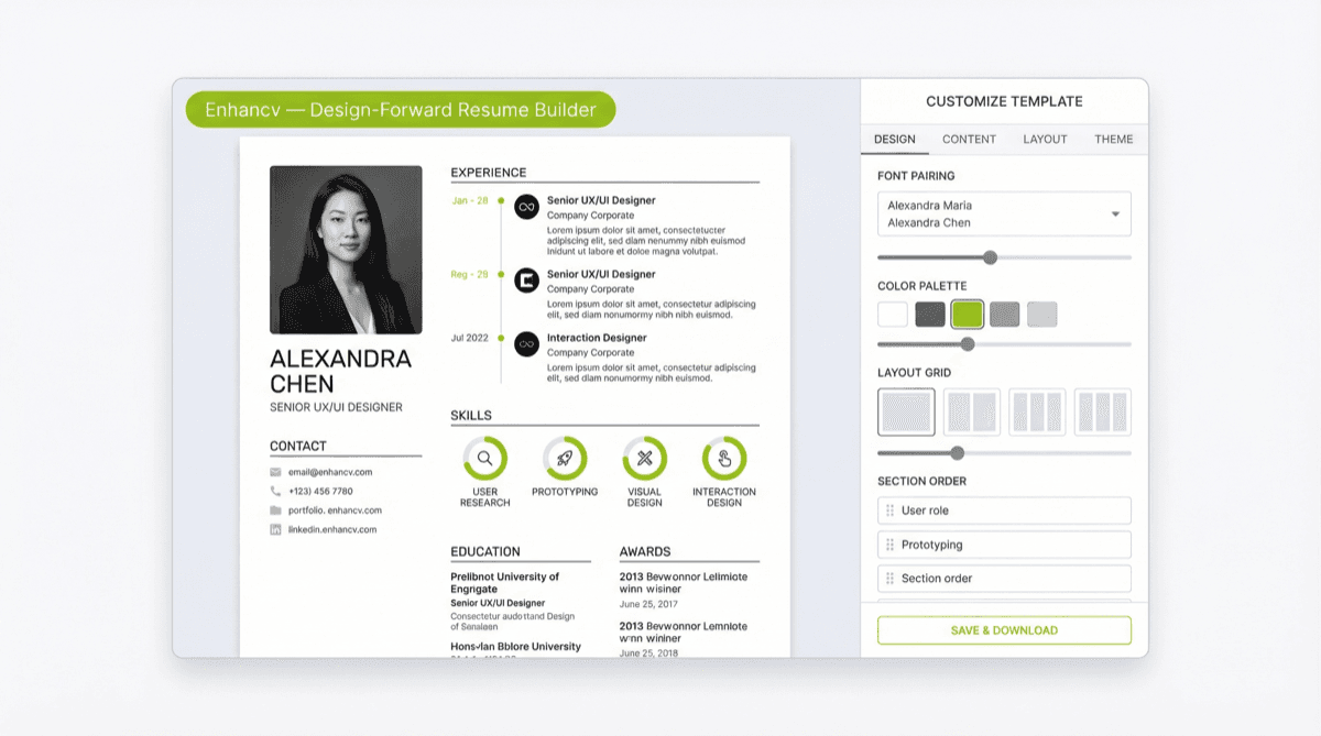 Enhancv creative resume builder with design-forward templates and personalized AI improvement tips