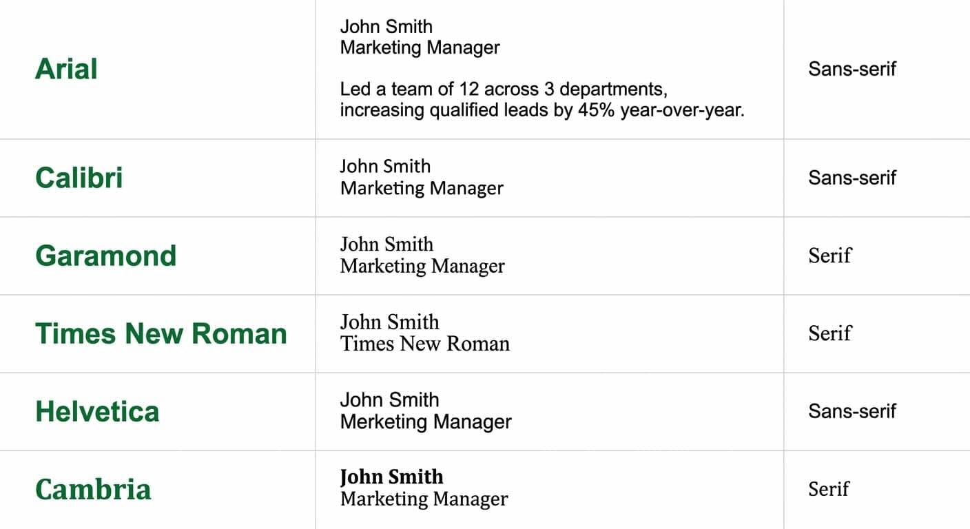 Comparison of six resume fonts including Arial Calibri Garamond Times New Roman Helvetica and Cambria showing how each looks on a resume