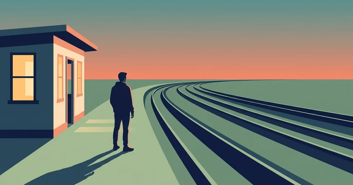 A small figure stands at a railway platform at dusk beside one warmly lit waiting room window, several quiet tracks leading off toward a coral and teal horizon.
