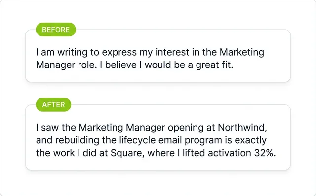 Before and after example of a cover letter opening line, showing a generic version replaced by a specific one