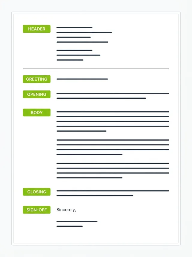 Wireframe of a one-page cover letter labeled header, greeting, opening, body, closing, and sign-off