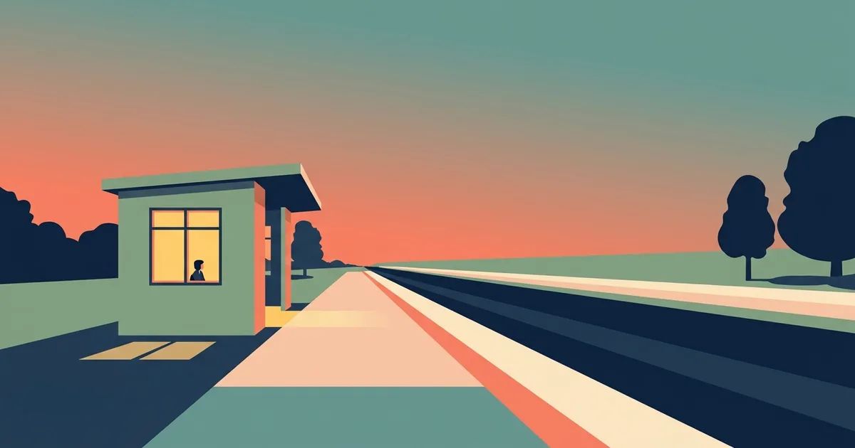 Flat illustration of a quiet railway platform at dusk with one warmly lit waiting room and a small figure inside.