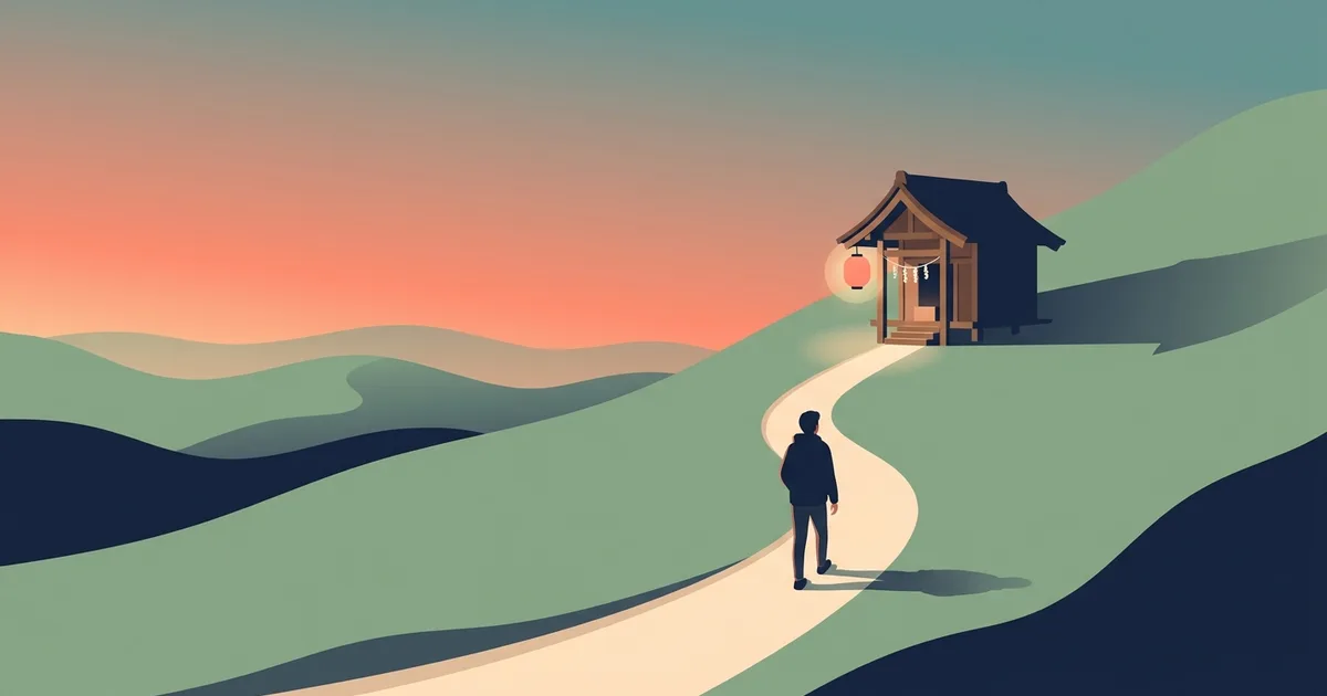 Flache Illustration eines Huegels in der Abenddaemmerung mit einem kleinen Schrein und einer warm leuchtenden Laterne, eine kleine Figur geht den Pfad hinauf.