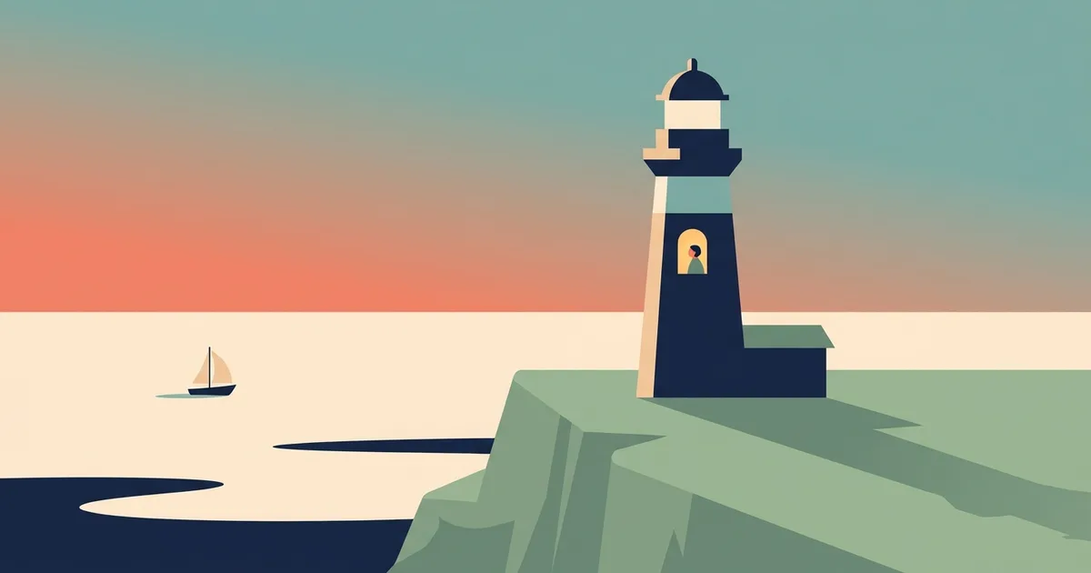 A lighthouse at warm dusk with one softly lit window and a single figure inside, as a small boat far out on the calm sea turns toward the light.