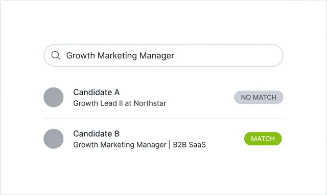 A LinkedIn recruiter search for Growth Marketing Manager, showing one profile with an unsearchable internal job title marked no match and one with the searchable role title marked match.