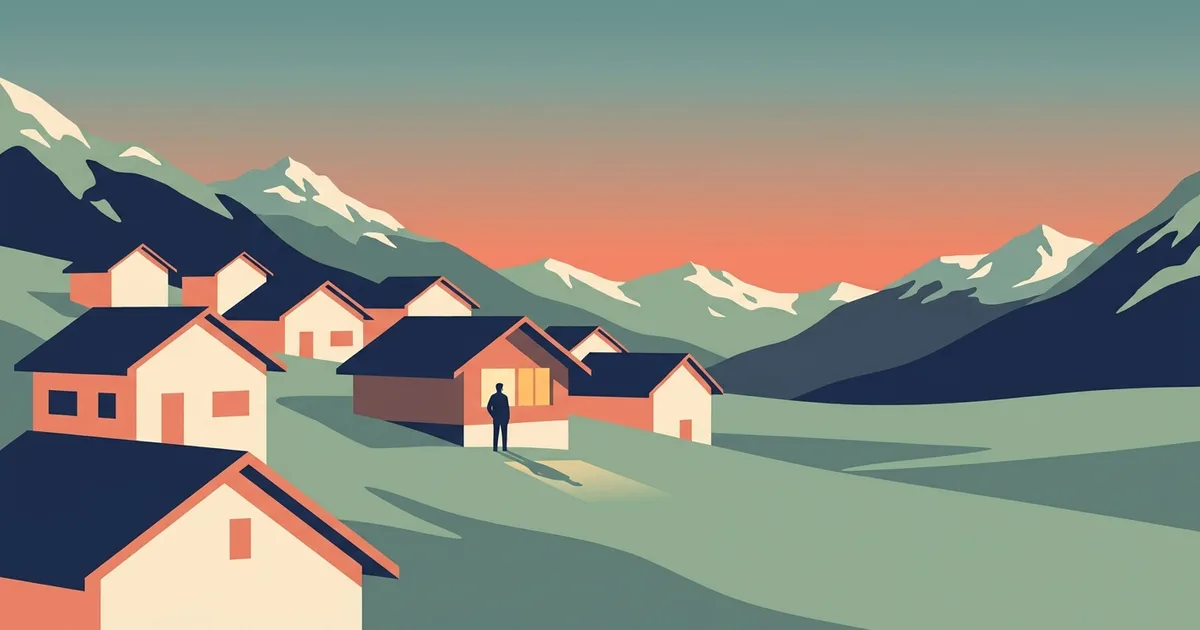 Illustration au coucher du soleil d'un village alpin suisse, avec une seule fenetre de chalet chaleureusement eclairee et une petite silhouette a l'interieur regardant la vallee.