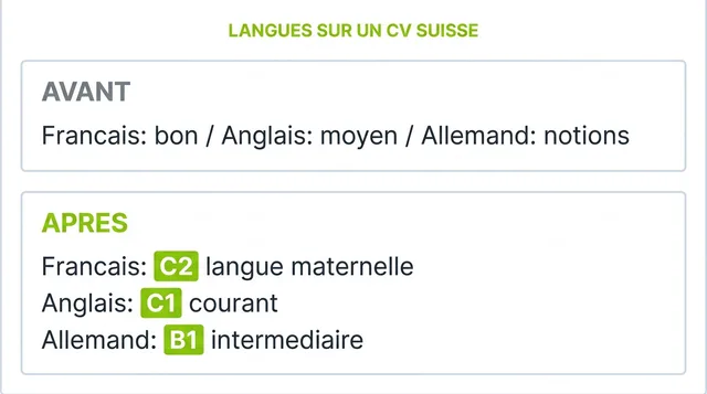 Comparaison avant-apres de la section langues d'un CV suisse: des niveaux vagues remplaces par des niveaux precis C2, C1 et B1 selon le cadre europeen.