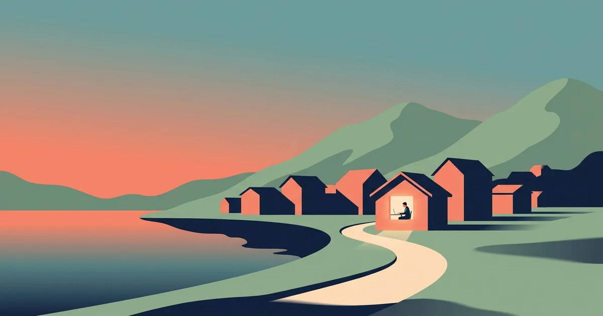 Flache Illustration eines Alpendorfs an einem See in der Abenddaemmerung mit einem einzigen warm erleuchteten Fenster, in dem eine kleine Silhouette am Schreibtisch sitzt.