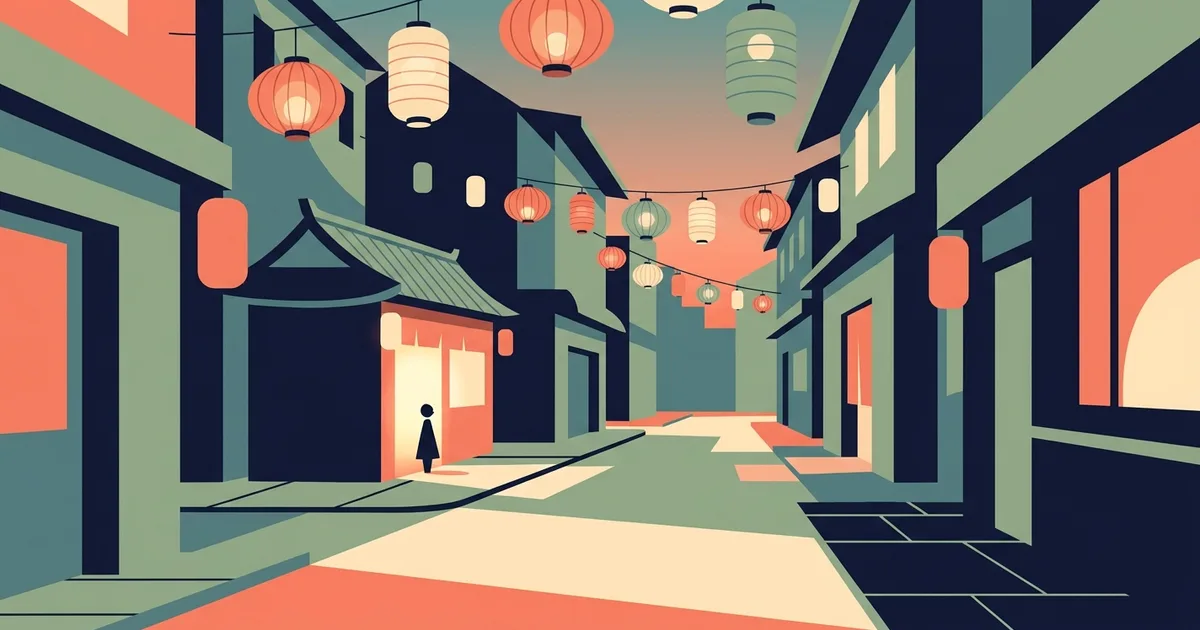 Flat illustration of a simplified East Asian evening street with lanterns and one warmly lit shop doorway with a small figure inside.