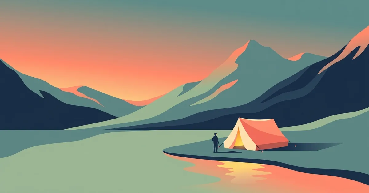 Flat illustration of a warmly glowing tent by a calm mountain lake at dusk with a small figure beside it.