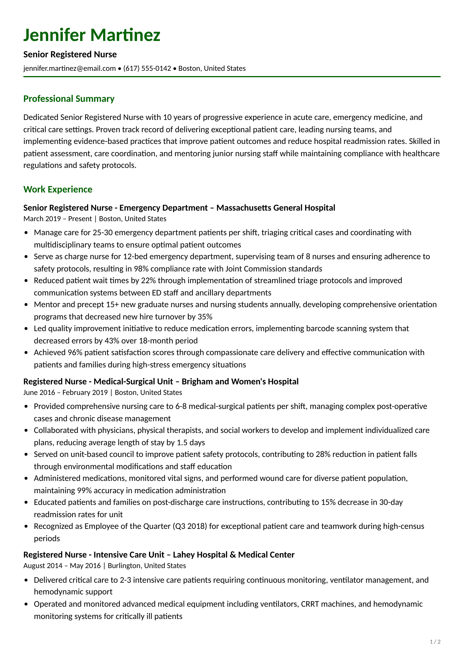 Registered nurse resume example with clinical skills certifications and patient care metrics
