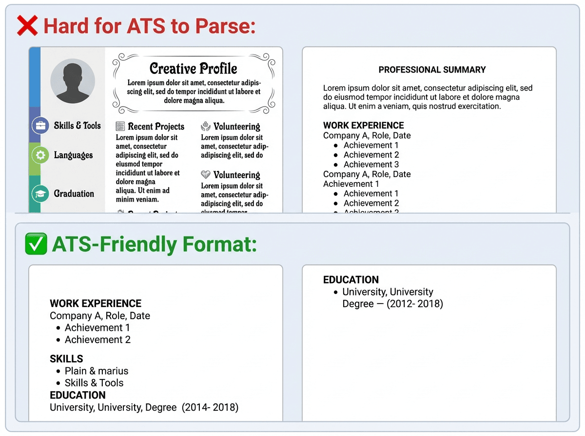 Before and after comparison showing a resume with complex two-column layout and graphics that confuses ATS parsers versus a clean single-column format with standard headings that parses correctly