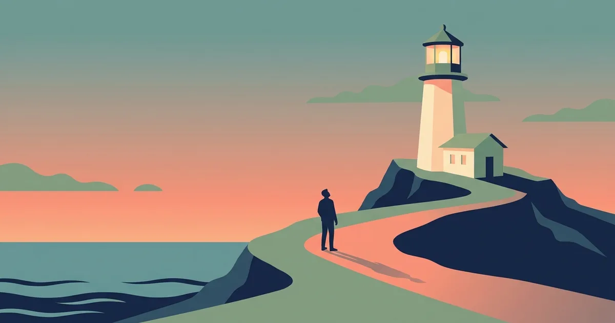 Flat illustration of a cliffside lighthouse at dusk with a warmly glowing top window and a small figure on the headland looking toward it.