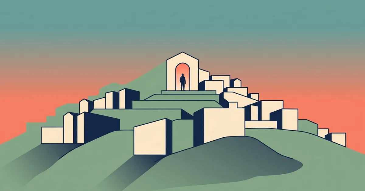 Flat vector illustration of a Portuguese hilltop old town at warm dusk, with one arched doorway glowing soft yellow near the top and a single small silhouetted figure standing just inside it.
