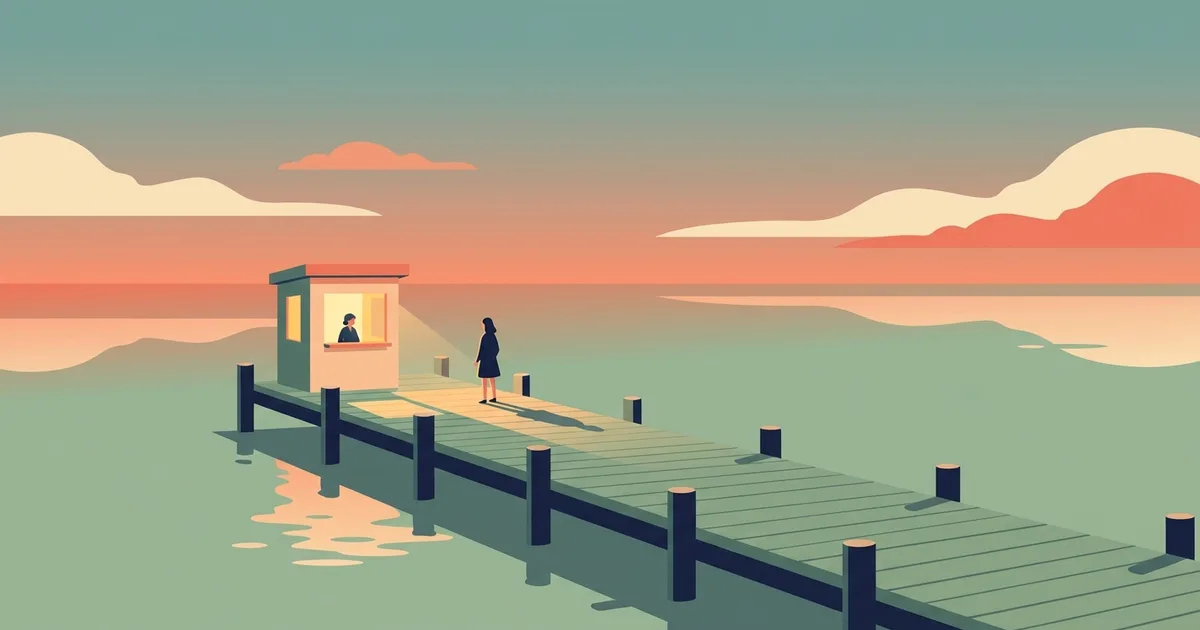Flat illustration of a quiet ferry dock at dusk with a warmly lit ticket cabin glowing and one small figure looking toward it.