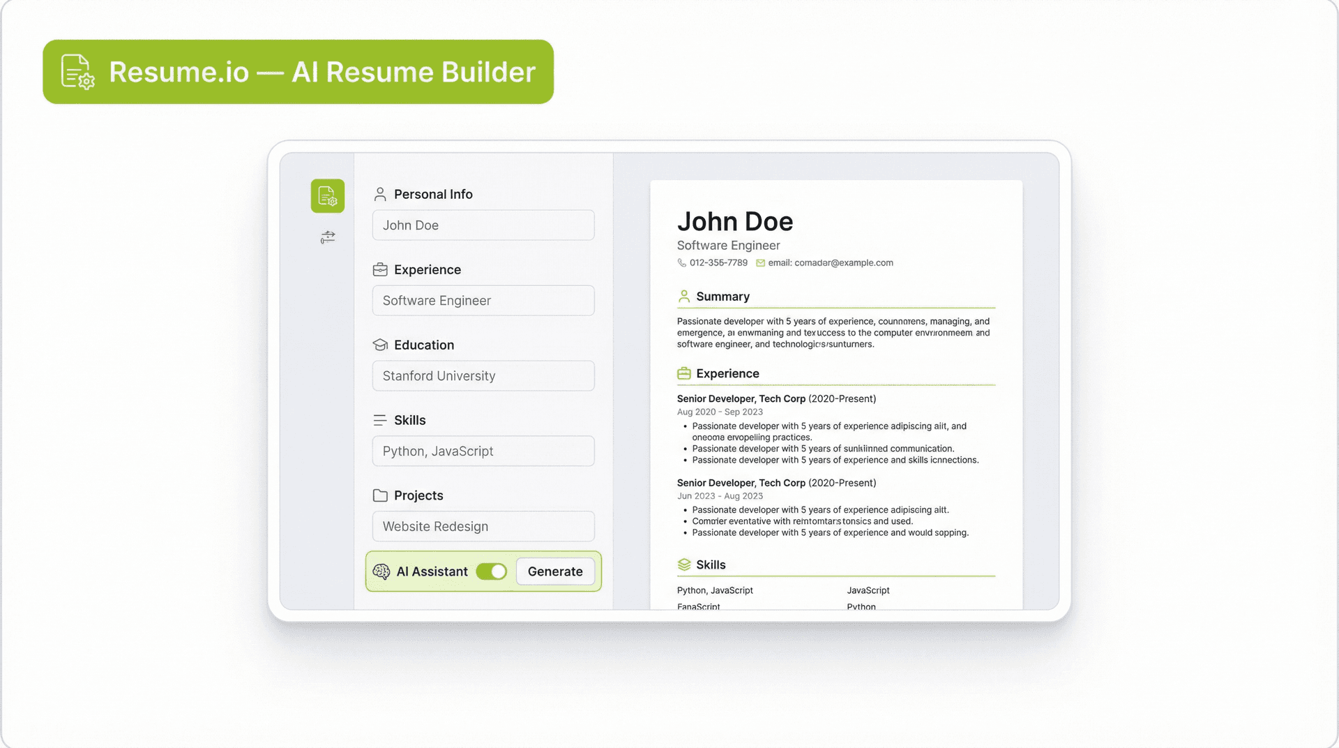 Resume.io resume builder interface with template library and real-time content suggestions