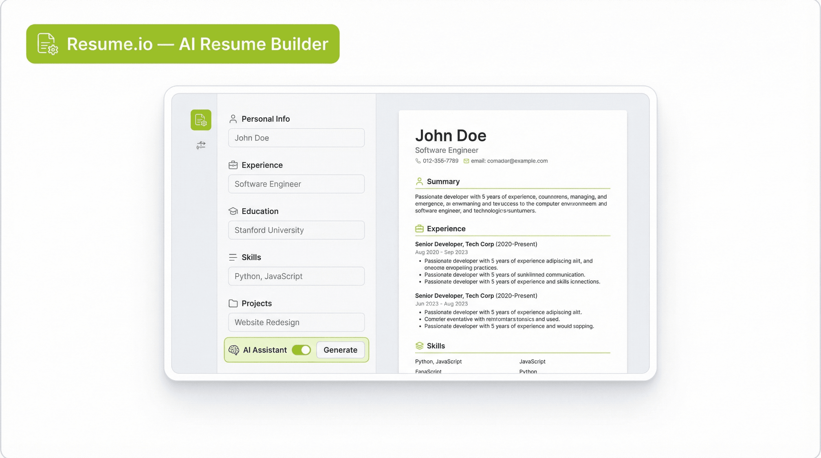Resume.io resume builder interface with template library and real-time content suggestions