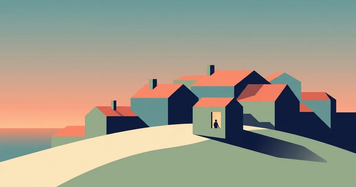 Flat illustration of a simplified European hilltown at dusk with one warmly lit window glowing and a small figure inside.