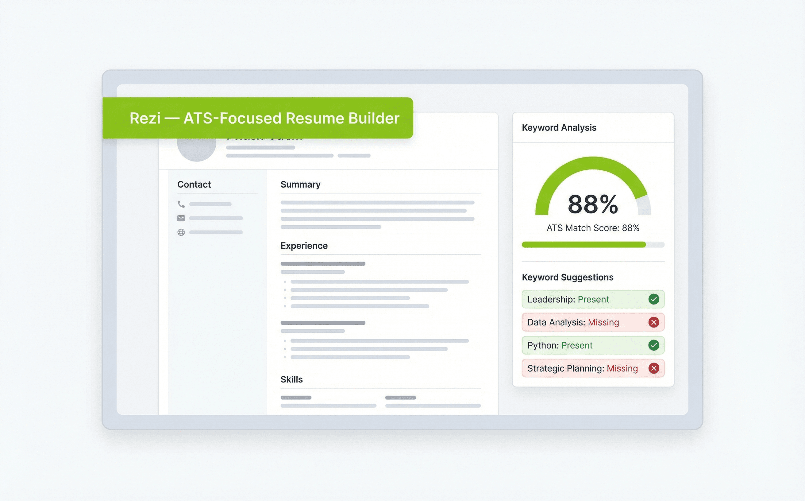 Rezi ATS-focused resume builder with keyword analysis tool and job description scoring