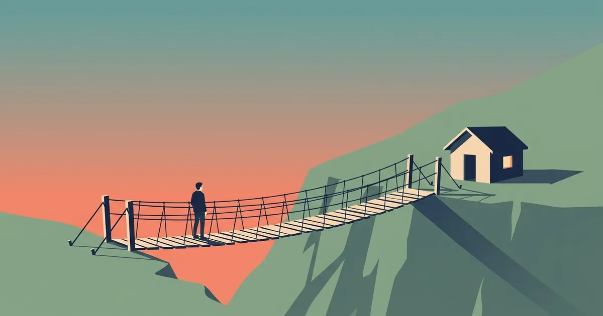Flat vector illustration of a narrow mountain footbridge over a gorge at dusk, a small hut with one warmly lit window on the far side and a single silhouetted figure standing at the near end, mid-decision.