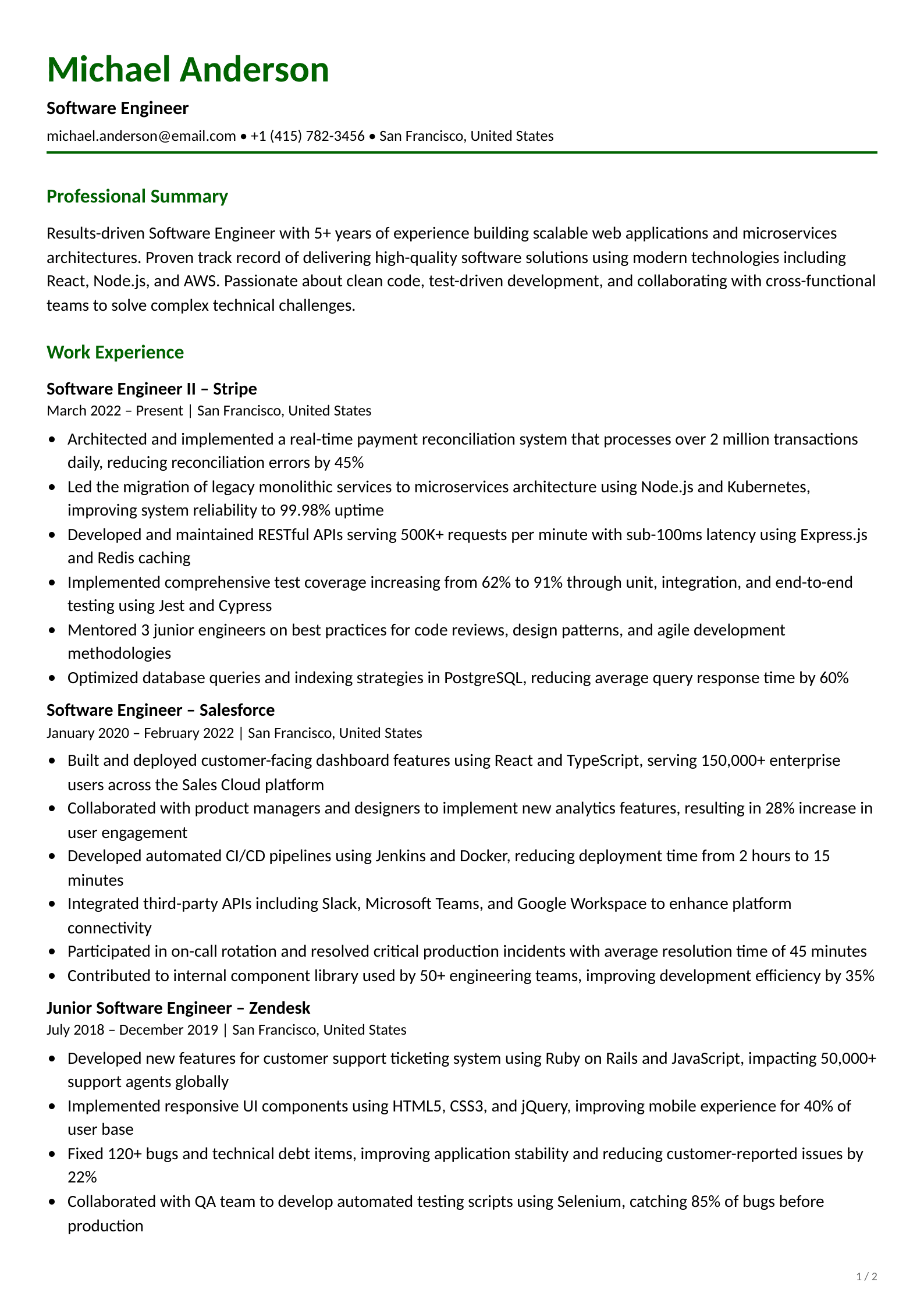 Software engineer resume example featuring technical skills and project achievements