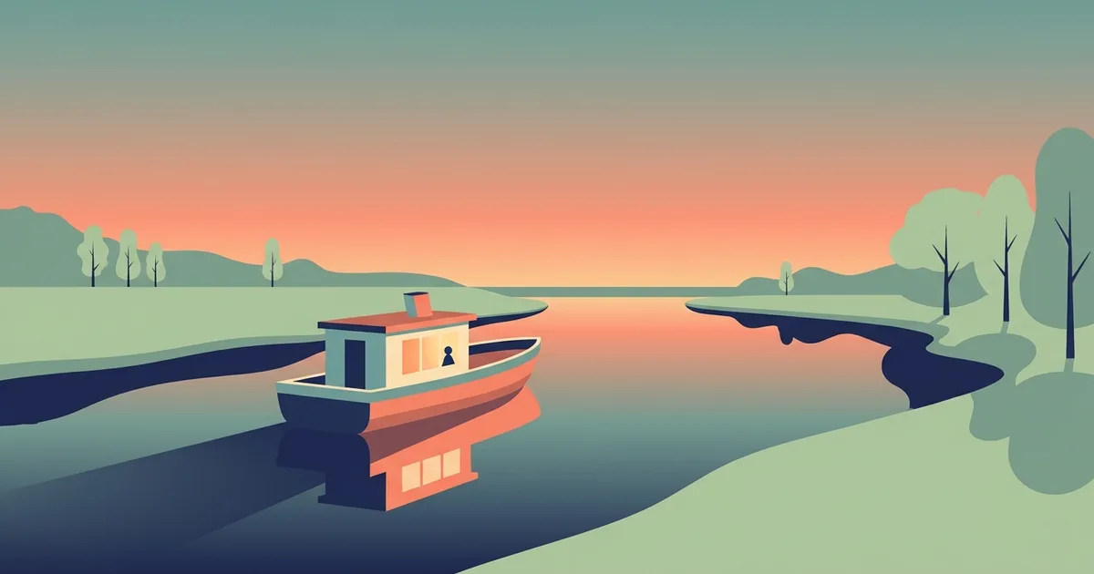 Flat illustration of a small riverboat at dusk with one warmly lit cabin window and a small figure inside, reflected on calm water.