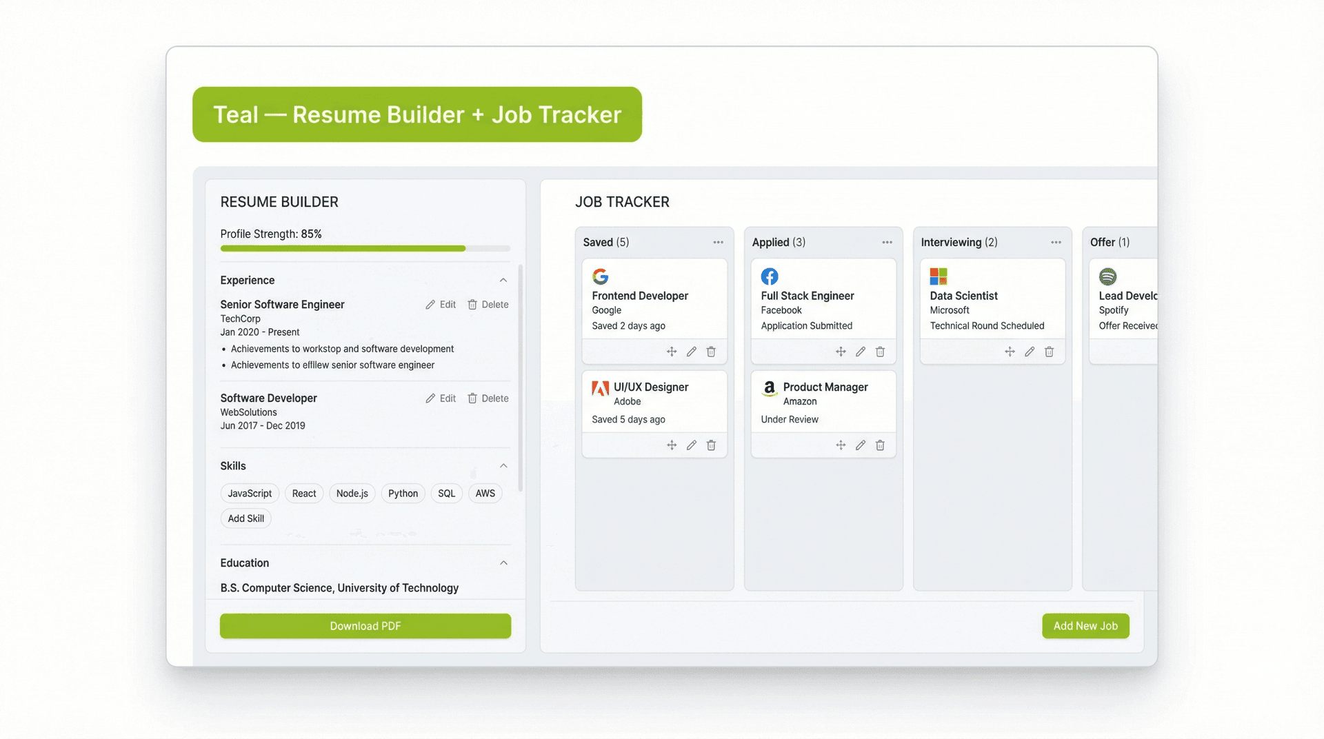 Teal job search and resume builder platform combining application tracking with AI resume guidance