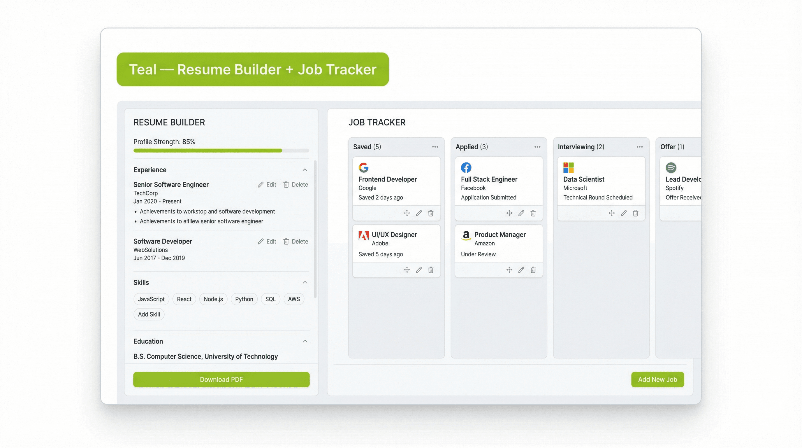 Teal job search and resume builder platform combining application tracking with AI resume guidance
