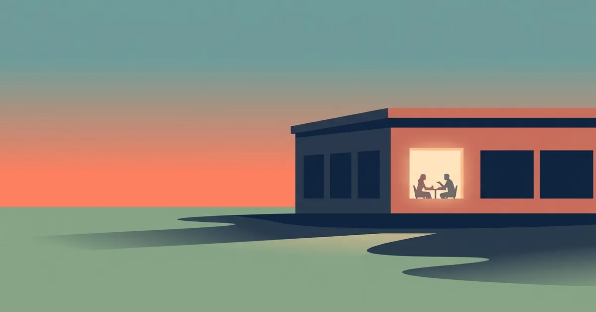 Zwei Stühle an einem Tisch vor einem warm erleuchteten Fenster in der Abenddämmerung, flache editoriale Illustration