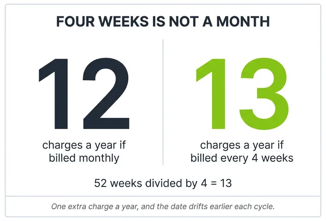 Comparison showing twelve charges a year under monthly billing against thirteen under four-weekly billing, with the arithmetic fifty-two divided by four equals thirteen.